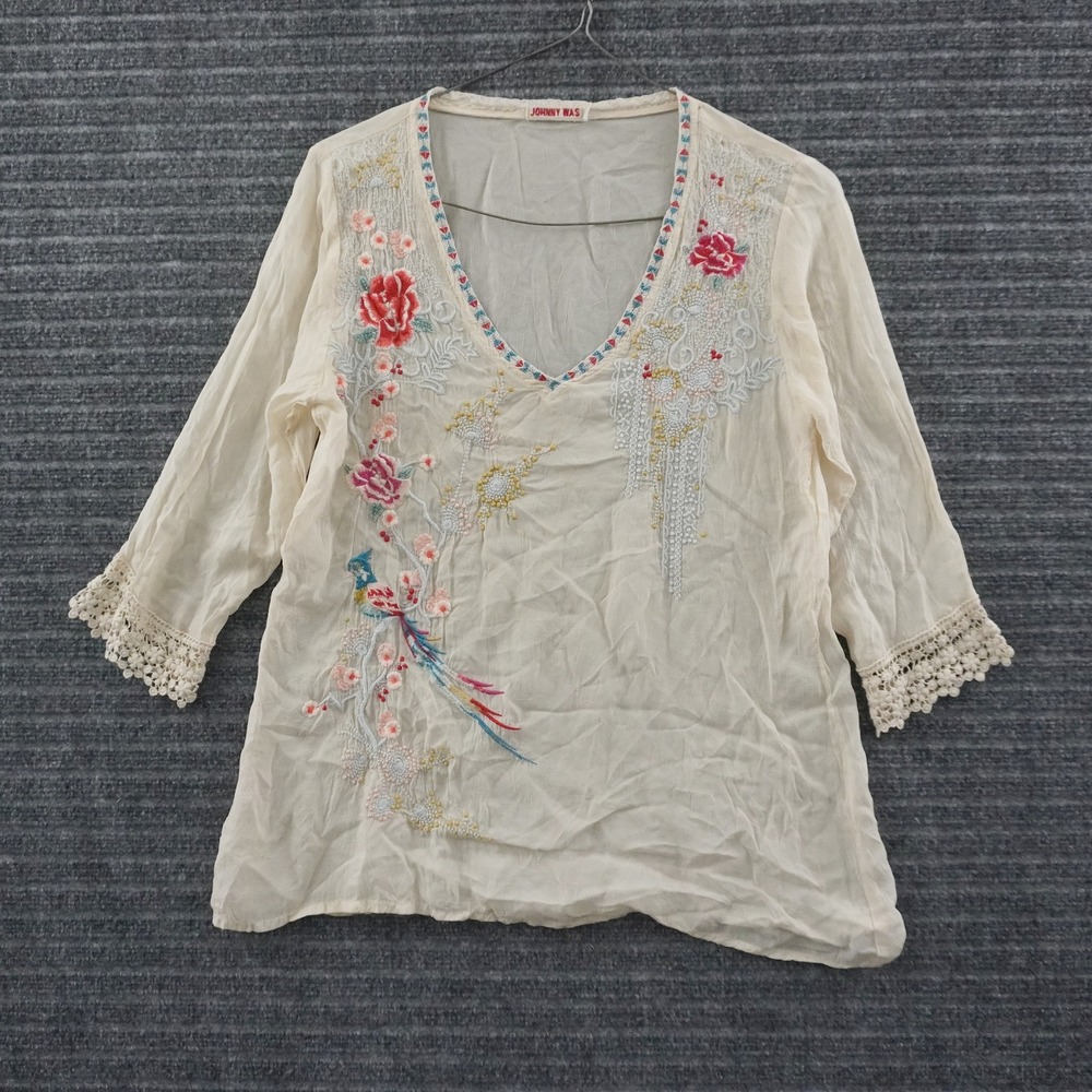 Johnny Was Embroidered Floral Bird Blouse Womens S Cream Boho Crochet Trim